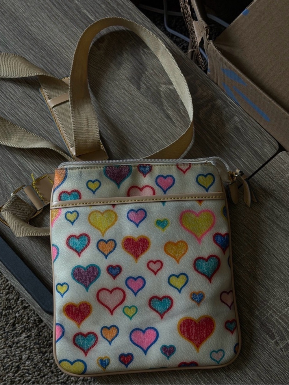 Donney Women's Cream Crossbody Bag with Multicolor Heart Print